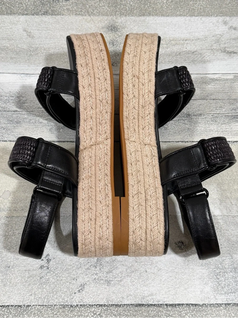 TORY BURCH Sport Platform Espadrille Sandals In Black Raffia Woven Leather Sz-9